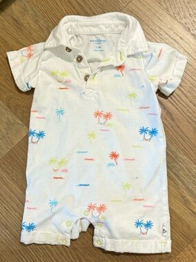 Burt's Bees Baby White Palm Print Polo Romper with Multicolor Accents